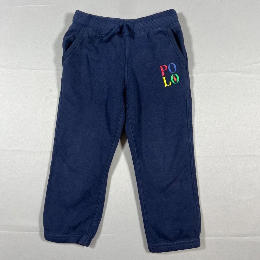 Polo Ralph Lauren Fleece Jogger Pants Kids 3-3T Navy Blue Logo Drawstring Waist